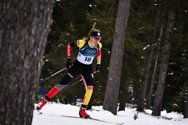 Belgium's Maya Cloetens competes in the women's biathlon 7,5km sprint event during the Milano Cortina 2026 Winter Olympic Games at the Anterselva Biathlon Arena (Sudtirol Arena) in Anterselva (Val Pusteria) on February 14, 2026. (Photo by Marco BERTORELLO / AFP)