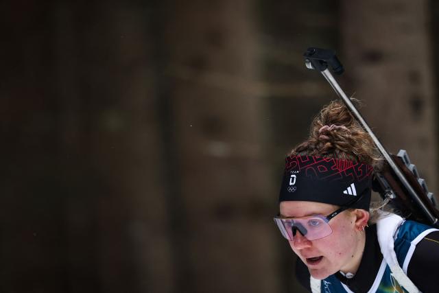 Germany's Selina Grotian competes in the women's biathlon 7,5km sprint event during the Milano Cortina 2026 Winter Olympic Games at the Anterselva Biathlon Arena (Sudtirol Arena) in Anterselva (Val Pusteria) on February 14, 2026. (Photo by FRANCK FIFE / AFP)