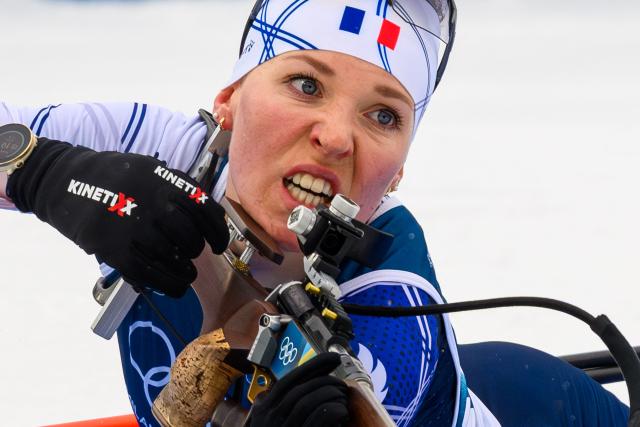 France's Oceane Michelon shoots during the women's biathlon 7,5km sprint event during the Milano Cortina 2026 Winter Olympic Games at the Anterselva Biathlon Arena (Sudtirol Arena) in Anterselva (Val Pusteria) on February 14, 2026. (Photo by FRANCOIS-XAVIER MARIT / AFP)