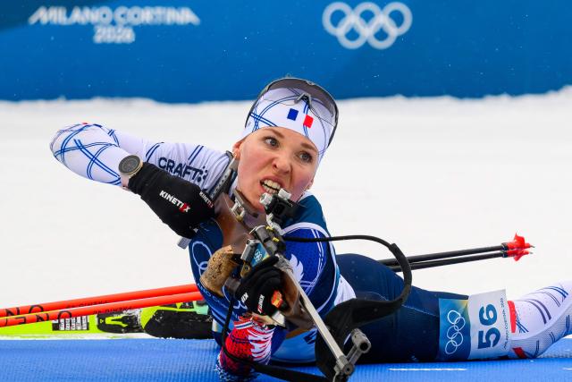 France's Oceane Michelon shoots during the women's biathlon 7,5km sprint event during the Milano Cortina 2026 Winter Olympic Games at the Anterselva Biathlon Arena (Sudtirol Arena) in Anterselva (Val Pusteria) on February 14, 2026. (Photo by FRANCOIS-XAVIER MARIT / AFP)