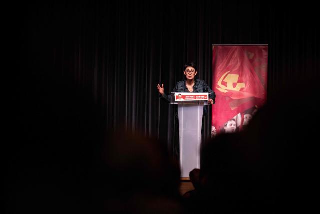 French far-left party Lutte Ouvriere spokeswoman Nathalie Arthaud addresses a meeting launching the party's election campaign for the March 2026 mayoral election in Paris' Ile-de-France region at the Mutualite venue in Paris on February 14, 2026. (Photo by Guillaume BAPTISTE / AFP)