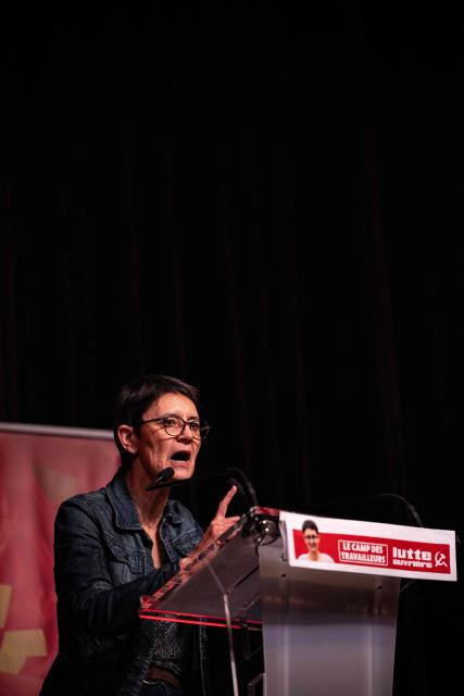 French far-left party Lutte Ouvriere spokeswoman Nathalie Arthaud addresses a meeting launching the party's election campaign for the March 2026 mayoral election in Paris' Ile-de-France region at the Mutualite venue in Paris on February 14, 2026. (Photo by Guillaume BAPTISTE / AFP)