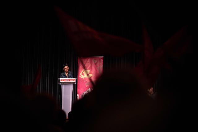 French far-left party Lutte Ouvriere spokeswoman Nathalie Arthaud addresses a meeting launching the party's election campaign for the March 2026 mayoral election in Paris' Ile-de-France region at the Mutualite venue in Paris on February 14, 2026. (Photo by Guillaume BAPTISTE / AFP)