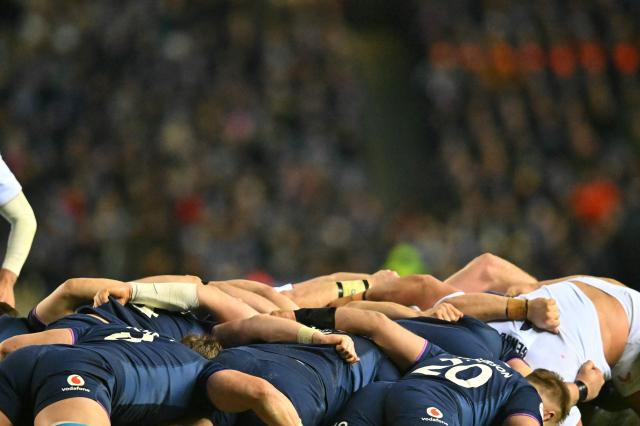 Players bind in the scrum during the Six Nations international rugby union match between Scotland and England at Murrayfield Stadium in Edinburgh, Scotland on February 14, 2026. (Photo by ANDY BUCHANAN / AFP)