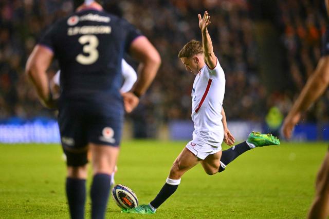 England's fly half George Ford kicks a penalty during the Six Nations international rugby union match between Scotland and England at Murrayfield Stadium in Edinburgh, Scotland on February 14, 2026. (Photo by ANDY BUCHANAN / AFP)