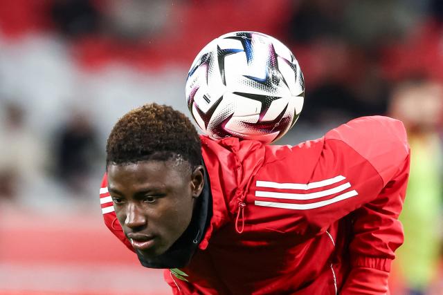Brest's Senegalese forward #99 Pathe Mboup plays with the ball ahead of the French L1 football match between LOSC Lille and Stade Brestois 29 at the Stade Pierre-Mauroy in Villeneuve-d'Ascq, northern France on February 14, 2026. (Photo by Sameer Al-DOUMY / AFP)