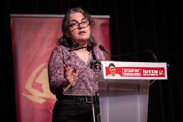 French far-left party Lutte Ouvriere (LO) Paris mayoral candidate Marielle Saulnier addresses a meeting launching the party's election campaign for the March 2026 mayoral election in Paris' Ile-de-France region at the Mutualite venue in Paris on February 14, 2026. (Photo by Guillaume BAPTISTE / AFP)