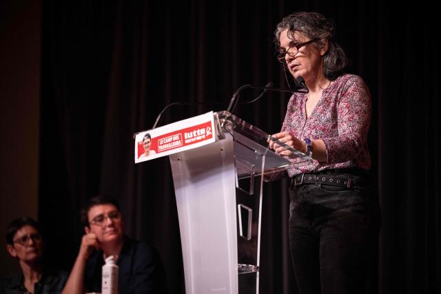 French far-left party Lutte Ouvriere (LO) Paris mayoral candidate Marielle Saulnier addresses a meeting launching the party's election campaign for the March 2026 mayoral election in Paris' Ile-de-France region at the Mutualite venue in Paris on February 14, 2026. (Photo by Guillaume BAPTISTE / AFP)