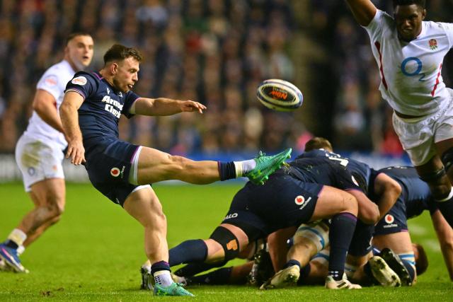 Scotland's scrum-half Ben White kicks the ball up-field during the Six Nations international rugby union match between Scotland and England at Murrayfield Stadium in Edinburgh, Scotland on February 14, 2026. (Photo by ANDY BUCHANAN / AFP)
