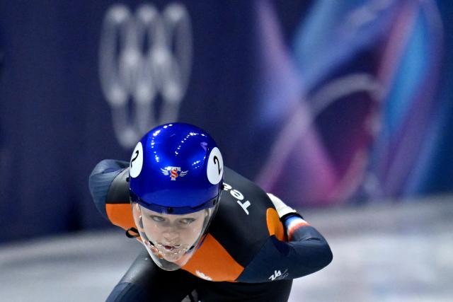 Netherlands' Xandra Velzeboer competes in the short track speed skating women's 1000m heats during the Milano Cortina 2026 Winter Olympic Games at Milano Ice Skating Arena in Milan on February 14, 2026. (Photo by WANG Zhao / AFP)