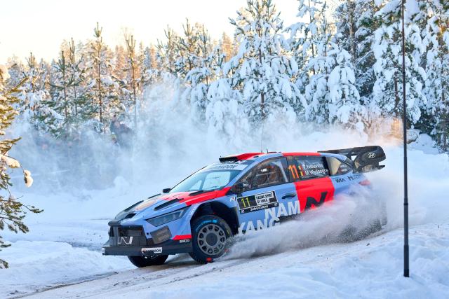 Belgian driver Thierry Neuville and co-driver Martijn Wydaeghe compete in their Hyundai i20 N Rally during Rally Sweden, the second round of the FIA World Rally Championship in Umea, Sweden, on February 13, 2026.  (Photo by Peo MOLLER / TT News Agency / AFP) / Sweden OUT