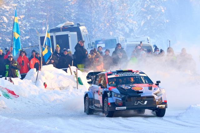 Belgian driver Thierry Neuville and co-driver Martijn Wydaeghe compete in their Hyundai i20 N Rally during Rally Sweden, the second round of the FIA World Rally Championship in Umea, Sweden, on February 13, 2026.  (Photo by Peo MOLLER / TT News Agency / AFP) / Sweden OUT