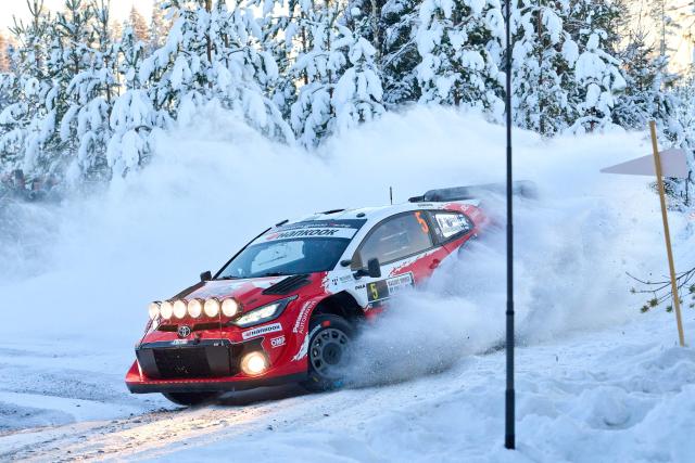 Finnish driver Sami Pajari and Finnish co-driver Marko Salminen compete in their Toyota GR Yaris compete in their Toyota GR Yaris during Rally Sweden, the second round of the FIA World Rally Championship in Umea, Sweden, on February 14, 2026. (Photo by Peo MOLLER / TT News Agency / AFP) / Sweden OUT
