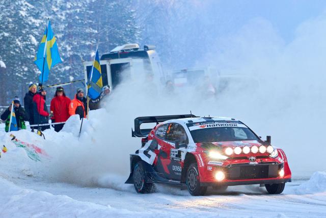 Finnish driver Sami Pajari and Finnish co-driver Marko Salminen compete in their Toyota GR Yaris compete in their Toyota GR Yaris during Rally Sweden, the second round of the FIA World Rally Championship in Umea, Sweden, on February 14, 2026. (Photo by Peo MOLLER / TT News Agency / AFP) / Sweden OUT