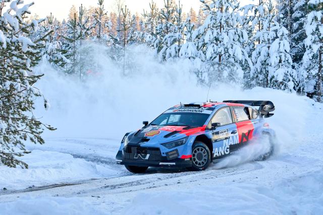 Finnish driver Esapekka Lappi and Finnish co-driver Enni Malkonen compete in their  yundai i20 N Rally1 during Rally Sweden, the second round of the FIA World Rally Championship in Umea, Sweden, on February 14, 2026. (Photo by Peo MOLLER / TT News Agency / AFP) / Sweden OUT