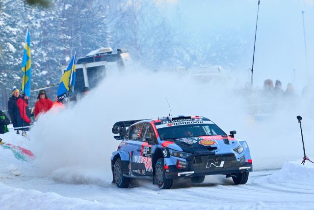Finnish driver Esapekka Lappi and Finnish co-driver Enni Malkonen compete in their  yundai i20 N Rally1 during Rally Sweden, the second round of the FIA World Rally Championship in Umea, Sweden, on February 14, 2026. (Photo by Peo MOLLER / TT News Agency / AFP) / Sweden OUT
