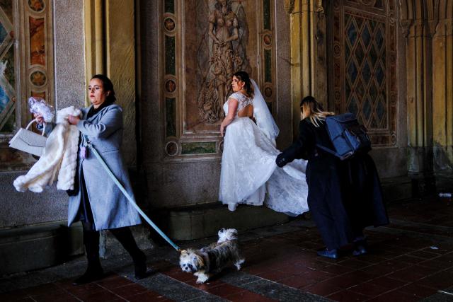 A bride gets ready for a photoshoot in Central Park on Valentine’s day in New York on February 14, 2026. (Photo by Charly TRIBALLEAU / AFP)