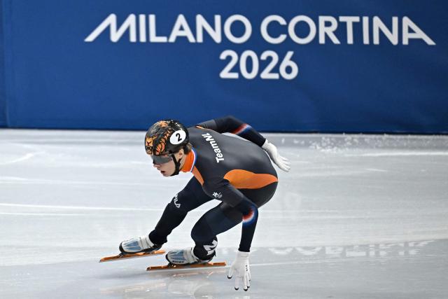 Netherlands' Jens van 't Wout competes in the short track speed skating men's 1500m semi-final during the Milano Cortina 2026 Winter Olympic Games at Milano Ice Skating Arena in Milan on February 14, 2026. (Photo by Gabriel BOUYS / AFP)