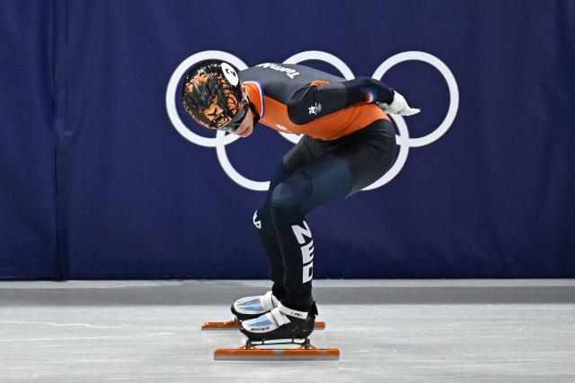 Netherlands' Jens van 't Wout competes in the short track speed skating men's 1500m semi-final during the Milano Cortina 2026 Winter Olympic Games at Milano Ice Skating Arena in Milan on February 14, 2026. (Photo by Gabriel BOUYS / AFP)