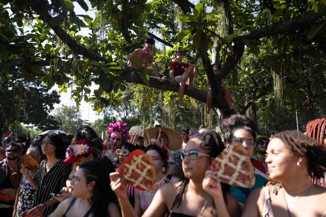 Revelers attend the performance of Bloco da Terreirada street carnival group, at Quinta da Boa Vista (former official residence of the Brazilian royal and imperial family) at Sao Cristovao neighbourhood in Rio de Janeiro, Brazil, on February 14, 2026. (Photo by Pablo PORCIUNCULA / AFP)