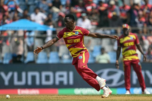 West Indies' Shamar Joseph runs to field the ball during the 2026 ICC Men's T20 Cricket World Cup group stage match between Nepal and West Indies at the Wankhede Stadium in Mumbai on February 15, 2026. (Photo by Indranil MUKHERJEE / AFP)