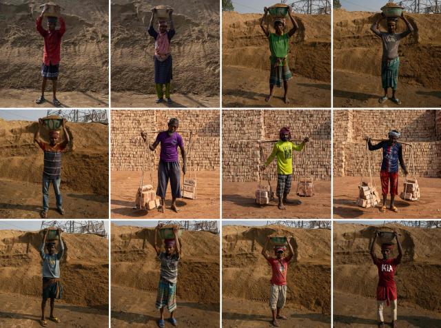 (COMBO) This combination of photographs created on February 15, 2026 shows a collage of portraits of Bangladeshi workers carrying bricks and sand in Dhaka. (Photo by Mohd RASFAN / AFP)