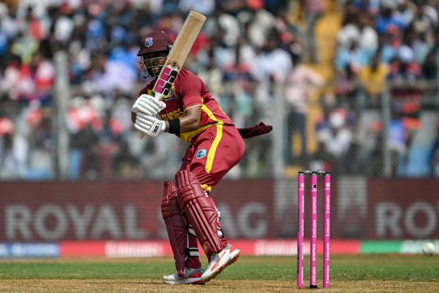 West Indies' captain Shai Hope plays a shot during the 2026 ICC Men's T20 Cricket World Cup group stage match between Nepal and West Indies at the Wankhede Stadium in Mumbai on February 15, 2026. (Photo by Indranil MUKHERJEE / AFP)