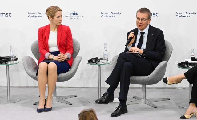 EU High Representative for Foreign Affairs and Security Policy Kaja Kallas (L) and Latvian President Edgars Rinkevics attend a panel discussion at the 62nd Munich Security Conference (MSC) on February 15, 2026 in Munich, southern Germany. (Photo by THOMAS KIENZLE / AFP)