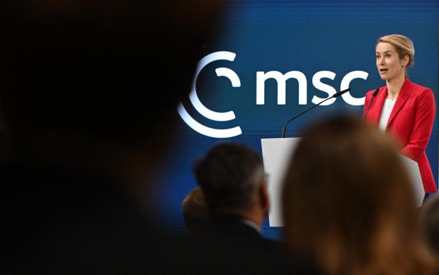 EU High Representative for Foreign Affairs and Security Policy Kaja Kallas gives a speech at the 62nd Munich Security Conference (MSC) on February 15, 2026 in Munich, southern Germany. (Photo by THOMAS KIENZLE / AFP)