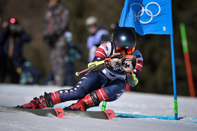 Mikaela Shiffrin USA's competes in the first run of the women's giant slalom event during the Milano Cortina 2026 Winter Olympic Games at the Tofane Alpine Skiing Centre in Cortina d’Ampezzo on February 15, 2026. (Photo by Tiziana FABI / AFP)