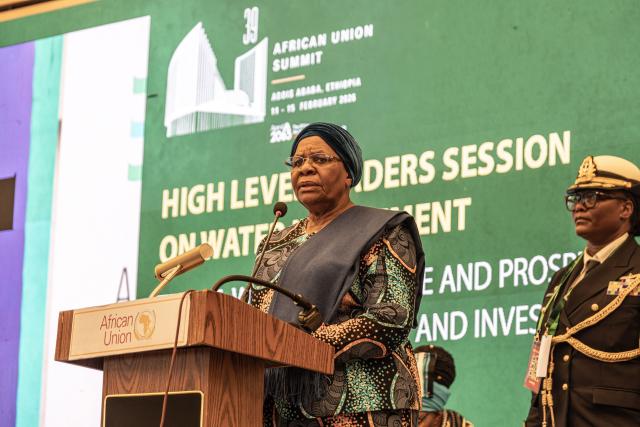 Netumbo Nandi-Ndaitwah, President of the Republic of Namibia, speaks at a side event during the 39th Ordinary Session of the Assembly of the African Union at the AU Headquarters in Addis Ababa on February 15, 2026. (Photo by Marco Simoncelli / AFP)