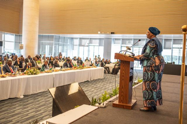 Netumbo Nandi-Ndaitwah, President of the Republic of Namibia, speaks at a side event during the 39th Ordinary Session of the Assembly of the African Union at the AU Headquarters in Addis Ababa on February 15, 2026. (Photo by Marco Simoncelli / AFP)