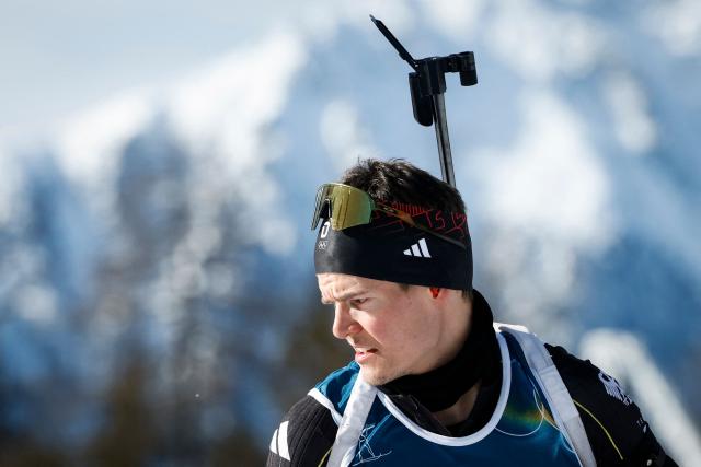 Germany's Philipp Horn looks on at the shooting range during warm up ahead of the men's biathlon 12,5km pursuit event during the Milano Cortina 2026 Winter Olympic Games at the Anterselva Biathlon Arena (Sudtirol Arena) in Anterselva (Val Pusteria) on February 15, 2026. (Photo by Odd ANDERSEN / AFP)