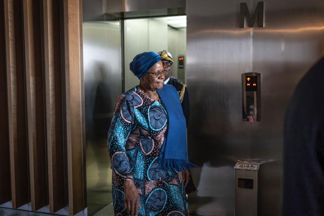 Netumbo Nandi-Ndaitwah, President of the Republic of Namibia, walks through the corridors ahead of a bilateral meeting during the 39th Ordinary Session of the Assembly of the African Union at the AU Headquarters in Addis Ababa on February 15, 2026. (Photo by Marco Simoncelli / AFP)