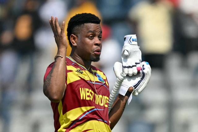 West Indies' Shimron Hetmyer reacts as he celebrates his team's win at the end of the 2026 ICC Men's T20 Cricket World Cup group stage match between Nepal and West Indies at the Wankhede Stadium in Mumbai on February 15, 2026. (Photo by Indranil MUKHERJEE / AFP)