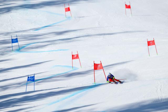 Liechtenstein's Madeleine Beck competes in the first run of the women's giant slalom event during the Milano Cortina 2026 Winter Olympic Games at the Tofane Alpine Skiing Centre in Cortina d’Ampezzo on February 15, 2026. (Photo by Marco BERTORELLO / AFP)