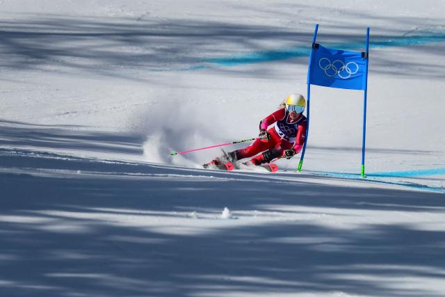 Austria's Lisa Hoerhager competes in the first run of the women's giant slalom event during the Milano Cortina 2026 Winter Olympic Games at the Tofane Alpine Skiing Centre in Cortina d’Ampezzo on February 15, 2026. (Photo by Marco BERTORELLO / AFP)