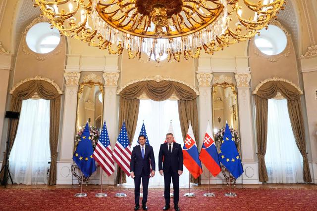 US Secretary of State Marco Rubio (L) meets with Slovakia's Prime Minister Robert Fico in Bratislava, Slovakia, on February 15, 2026. (Photo by Alex Brandon / POOL / AFP)