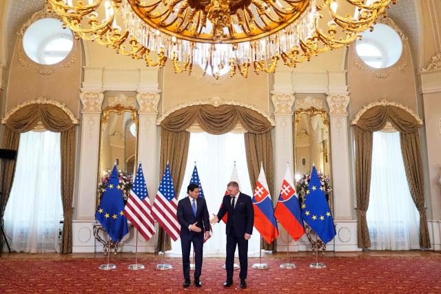 US Secretary of State Marco Rubio (L) meets with Slovakia's Prime Minister Robert Fico in Bratislava, Slovakia, on February 15, 2026. (Photo by Alex Brandon / POOL / AFP)