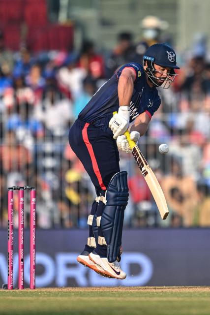 Namibia's Jan Frylinck plays a shot during the 2026 ICC Men's T20 Cricket World Cup group stage match between USA and Namibia at the MA Chidambaram Stadium in Chennai on February 15, 2026. (Photo by R. Satish BABU / AFP)