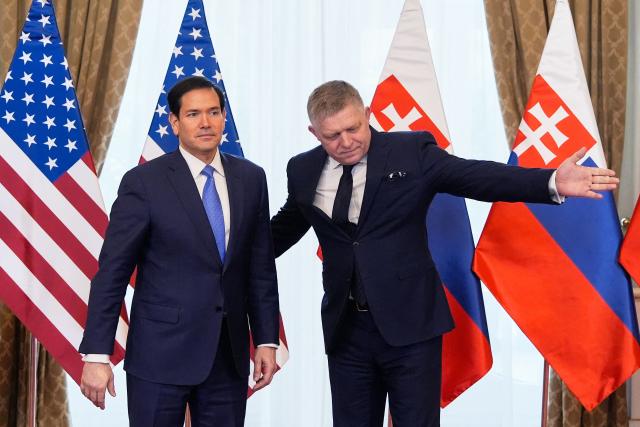 US Secretary of State Marco Rubio (L) meets with Slovakia's Prime Minister Robert Fico in Bratislava, Slovakia, on February 15, 2026. (Photo by Alex Brandon / POOL / AFP)