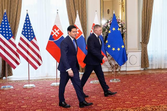 US Secretary of State Marco Rubio (L) meets with Slovakia's Prime Minister Robert Fico in Bratislava, Slovakia, on February 15, 2026. (Photo by Alex Brandon / POOL / AFP)