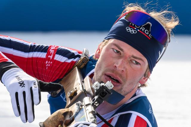 Norway's Sturla Holm Laegreid shoots during the men's biathlon 12,5km pursuit event during the Milano Cortina 2026 Winter Olympic Games at the Anterselva Biathlon Arena (Sudtirol Arena) in Anterselva (Val Pusteria) on February 15, 2026. (Photo by FRANCOIS-XAVIER MARIT / AFP)