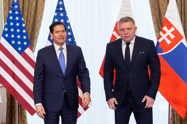 US Secretary of State Marco Rubio (L) meets with Slovakia's Prime Minister Robert Fico in Bratislava, Slovakia, on February 15, 2026. (Photo by Alex Brandon / POOL / AFP)