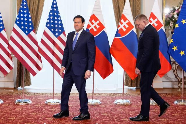 US Secretary of State Marco Rubio (L) meets with Slovakia's Prime Minister Robert Fico in Bratislava, Slovakia, on February 15, 2026. (Photo by Alex Brandon / POOL / AFP)