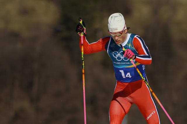 Norway's Johannes Hoesflot Klaebo competes during the cross-country men's 4 x 7,5km relay event of the Milano Cortina 2026 Winter Olympic Games at Tesero Cross-Country Skiing Stadium in Lago di Tesero (Val di Fiemme), on February 15, 2026. (Photo by Anne-Christine POUJOULAT / AFP)