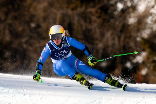 Italy's Lara Della Mea competes in the second run of the women's giant slalom event during the Milano Cortina 2026 Winter Olympic Games at the Tofane Alpine Skiing Centre in Cortina d’Ampezzo on February 15, 2026. (Photo by Marco BERTORELLO / AFP)