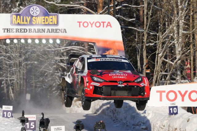 Finland's Sami Pajari and Finland's co-driver Marko Salminen compete in the final stage of Rally Sweden, the second round of the FIA World Rally Championship in Umea, Sweden, on February 15, 2026. (Photo by Peo MOLLER / TT News Agency / AFP) / Sweden OUT