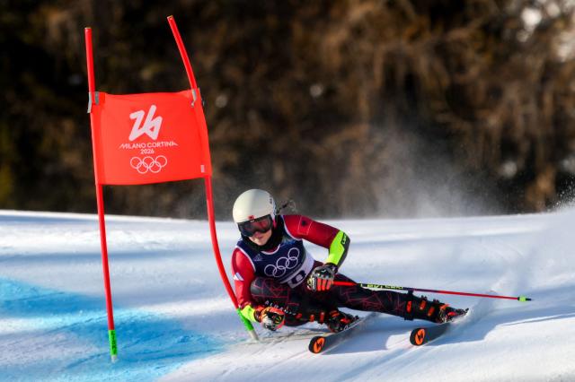 Albania's Lara Colturi competes in the second run of the women's giant slalom event during the Milano Cortina 2026 Winter Olympic Games at the Tofane Alpine Skiing Centre in Cortina d’Ampezzo on February 15, 2026. (Photo by Marco BERTORELLO / AFP)