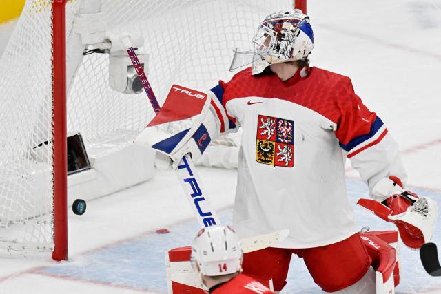 Switzerland's #14 Dean Kukan (front) scores his team's fourth goal against Czech Republic's #01 Lukas Dostal during men's preliminary round Group A Ice Hockey match between Switzerland and Czech Republic at the Milano Santagiulia Ice Hockey Arena during the Milano Cortina 2026 Winter Olympic Games in Milan, on February 15, 2026. Switzerland won the match 4-3. (Photo by Alexander NEMENOV / AFP)
